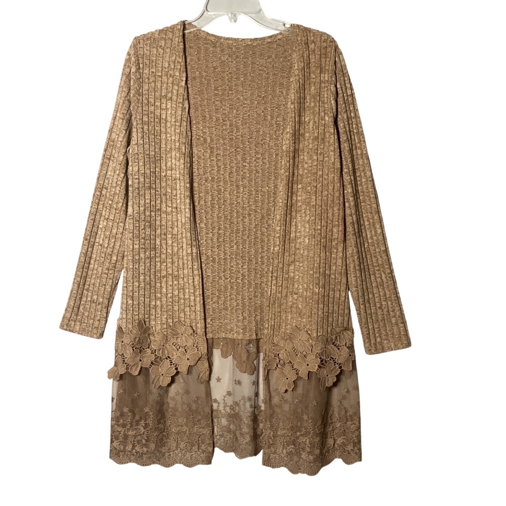 Women's L Tan Ribbed Knit Open Front Duster Cardigan Floral Lace Trim Boho